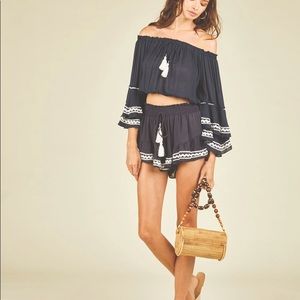 Navy/ White Zig Zag Trim Off Shoulder Top - pants